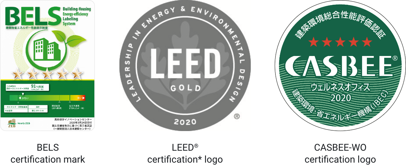 BELS certification mark  LEED® certification logo  CASBEE-WO certification logo