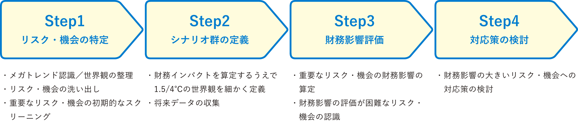 Step1 リスク・機会の特定 Step2 シナリオ群の特定 Step3 財務影響評価 Step4 対応策の検討